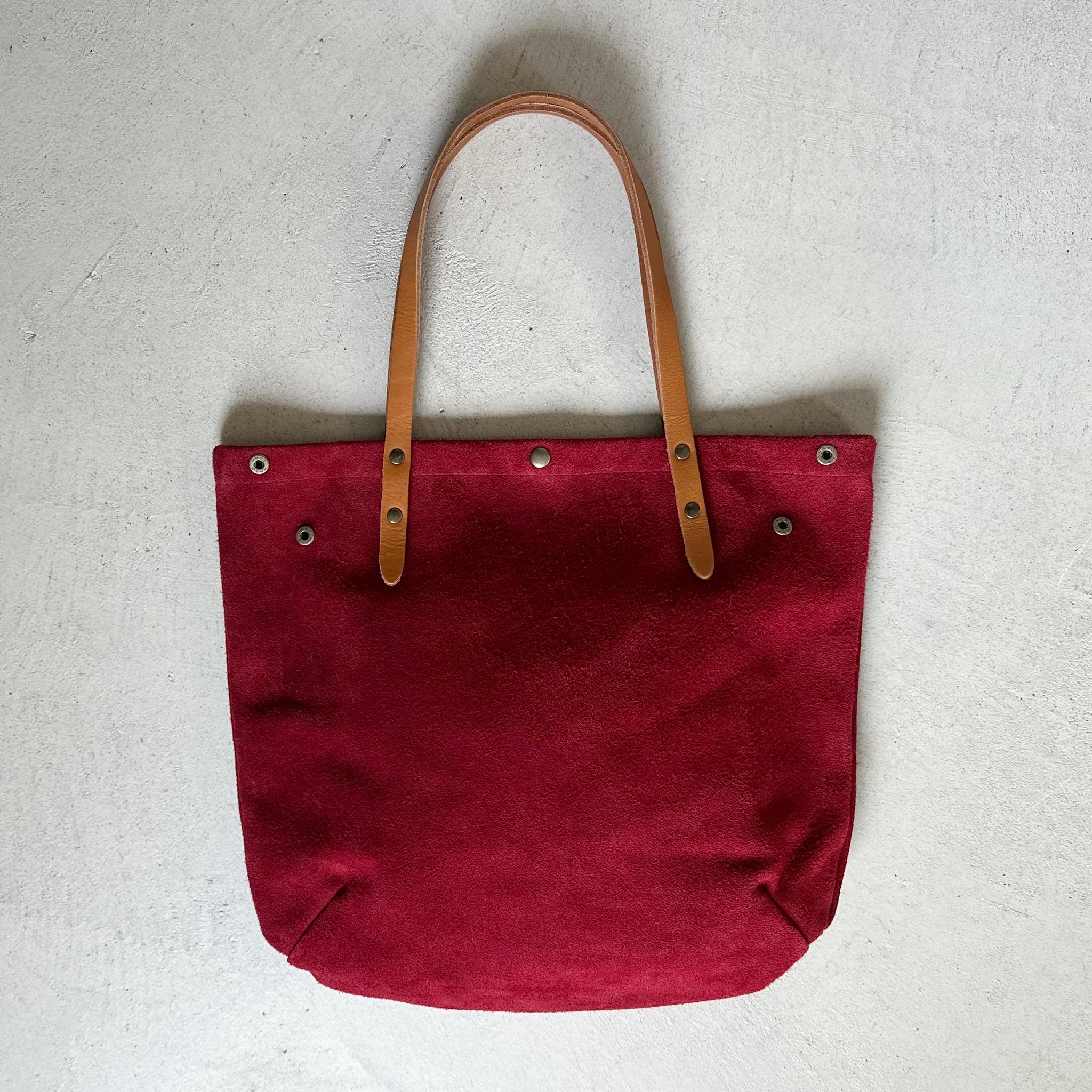 『2025登場Mサイズ』牛床ベロアと極厚オイルヌメの丸型トートバッグ M-size【ワインレッド】 | 9枚目