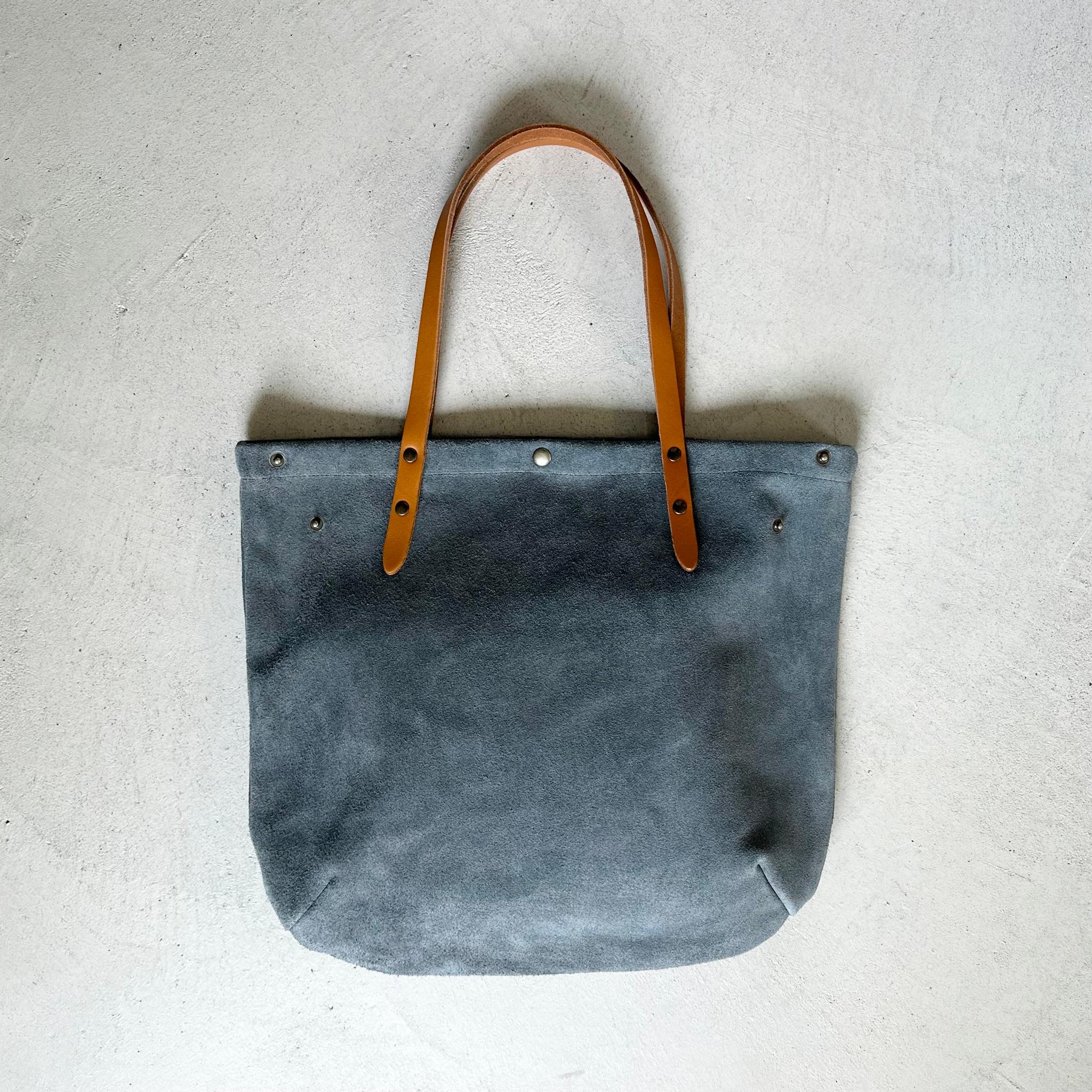『2025登場Mサイズ』牛床ベロアと極厚オイルヌメの丸型トートバッグ M-size【ブルーグレー】 | 9枚目